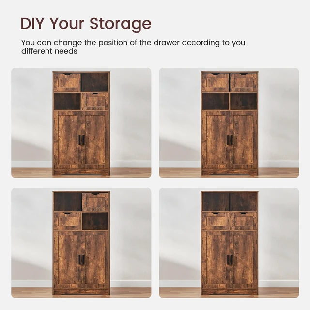 Alt view image 6 of 7 - Bathroom Storage Cabinet with 2 Drawers, Small Kitchen Pantry Cabinet | Kitchen Cabinet with Adjustable Shelves, Coffee Bar Cabinet for Kitchen, Living Room, Entryway, Rustic Brown