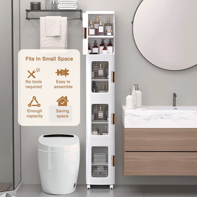 Alt view image 2 of 6 - 4-Tier Narrow Storage Cabinet with Wheels, White | Bathroom Organizers and Storage, Adjustable Shelves, Anti-Tip, Slim, for Bathroom Kitchen Laundry and Small Spaces