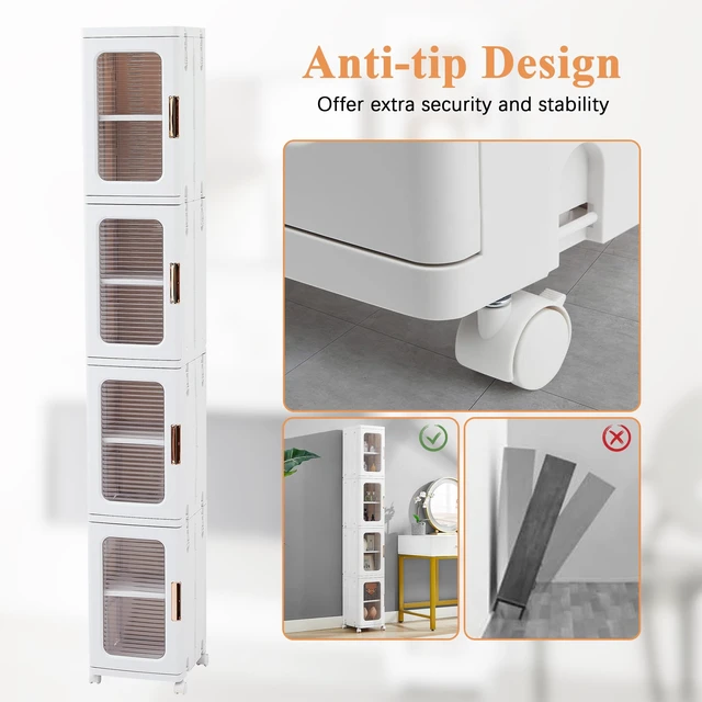 Alt view image 4 of 6 - 4-Tier Narrow Storage Cabinet with Wheels, White | Bathroom Organizers and Storage, Adjustable Shelves, Anti-Tip, Slim, for Bathroom Kitchen Laundry and Small Spaces