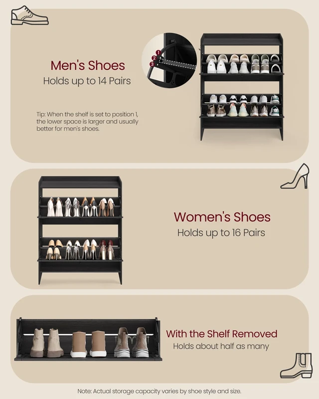 Alt view image 5 of 6 - Narrow Shoe Storage Cabinet Organizer with 2 Flip Drawers | Freestanding Shoe Rack, Fits 14 to 16 Pairs, for Entryway, Farmhouse Style, Smoky Black, HAINS Collection UHSC203BJ01S