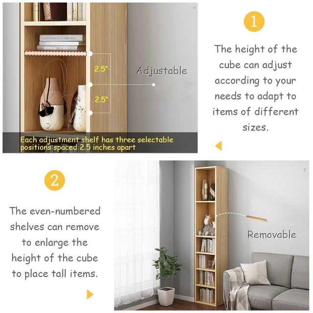 Alt view image 3 of 7 - Small Narrow Corner Bookcase - 71" Tall Gap Storage Cabinet, White | Modern Minimalist Style, MDF Material, Adjustable Shelves, 8 Cubes Open Bookshelf, Floor Tower Rack, Space-Saving Organizer