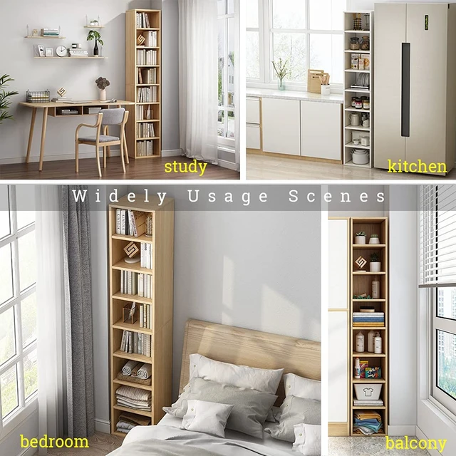 Alt view image 5 of 7 - Small Narrow Corner Bookcase - 71" Tall Gap Storage Cabinet, White | Modern Minimalist Style, MDF Material, Adjustable Shelves, 8 Cubes Open Bookshelf, Floor Tower Rack, Space-Saving Organizer