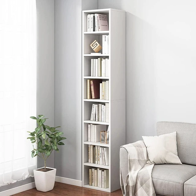 Main image of Small Narrow Corner Bookcase - 71" Tall Gap Storage Cabinet, White | Modern Minimalist Style, MDF Material, Adjustable Shelves, 8 Cubes Open Bookshelf, Floor Tower Rack, Space-Saving Organizer