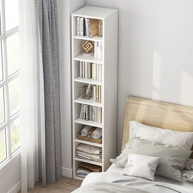 Alt view image 7 of 7 - Small Narrow Corner Bookcase - 71" Tall Gap Storage Cabinet, White | Modern Minimalist Style, MDF Material, Adjustable Shelves, 8 Cubes Open Bookshelf, Floor Tower Rack, Space-Saving Organizer