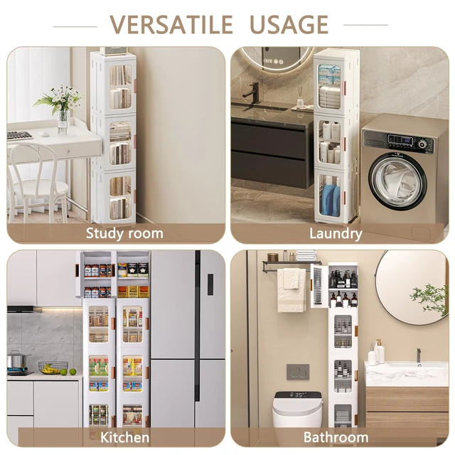 Alt view image 6 of 6 - 4-Tier Narrow Storage Cabinet with Wheels, White | Bathroom Organizers and Storage, Adjustable Shelves, Anti-Tip, Slim, for Bathroom Kitchen Laundry and Small Spaces