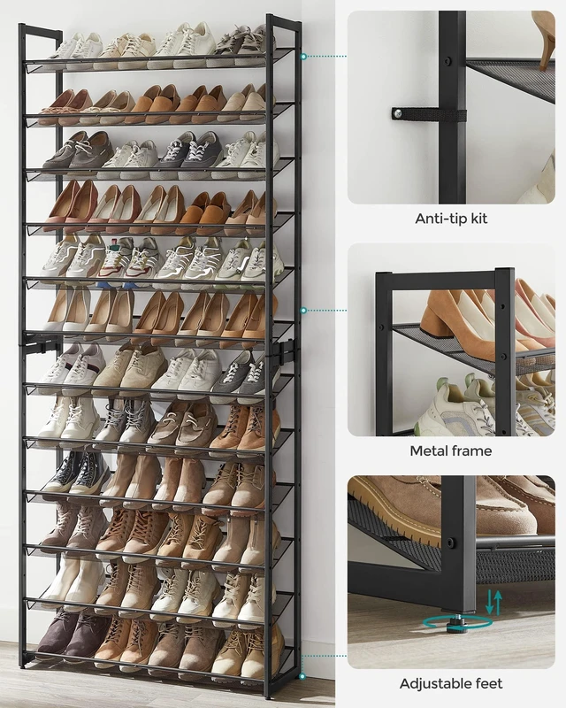 Alt view image 3 of 7 - Shoe Rack, 12-Tier Shoe Organizer, Metal Shoe Storage for Garage, Entryway, Set of 2 6-Tier Stackable Shoe Shelf, with Adjustable Flat or Angled Shelves, Holds 48-60 Pairs, Black ULMR12B