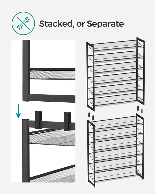 Alt view image 6 of 7 - Shoe Rack, 12-Tier Shoe Organizer, Metal Shoe Storage for Garage, Entryway, Set of 2 6-Tier Stackable Shoe Shelf, with Adjustable Flat or Angled Shelves, Holds 48-60 Pairs, Black ULMR12B