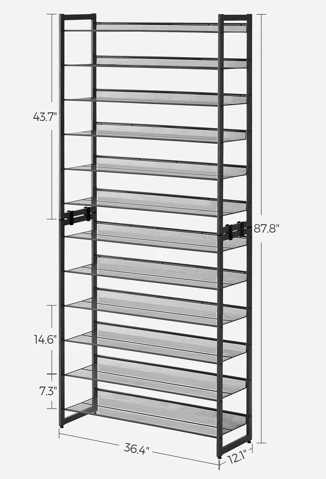 Alt view image 7 of 7 - Shoe Rack, 12-Tier Shoe Organizer, Metal Shoe Storage for Garage, Entryway, Set of 2 6-Tier Stackable Shoe Shelf, with Adjustable Flat or Angled Shelves, Holds 48-60 Pairs, Black ULMR12B