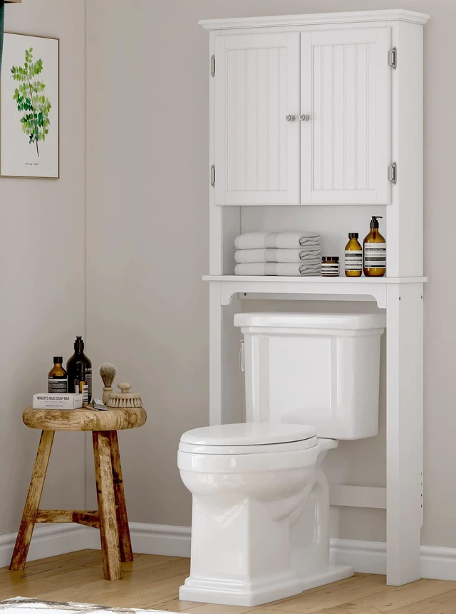 Main image of Over The Toilet Storage Cabinet, White Bathroom Organizer with Doors | FSC-Certified MDF, Adjustable Shelves, Anti-Tip Bracket, 34'' Toilet Clearance, Hidden & Open Storage for Toiletries, Towels