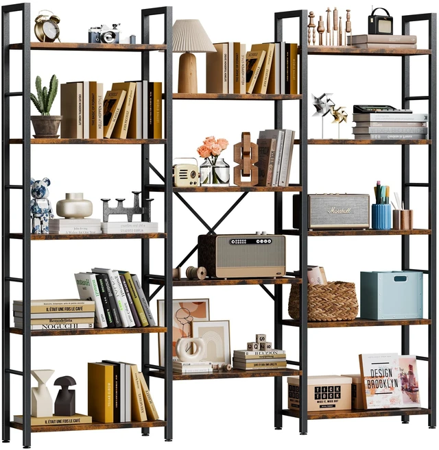 Main image of Triple Column 5 Tier Bookshelf, Industrial Large Bookcase Display Shelves, Large Etagere Bookshelf, Wide Book Shelf Book Case for Home & Office, Rustic Brown