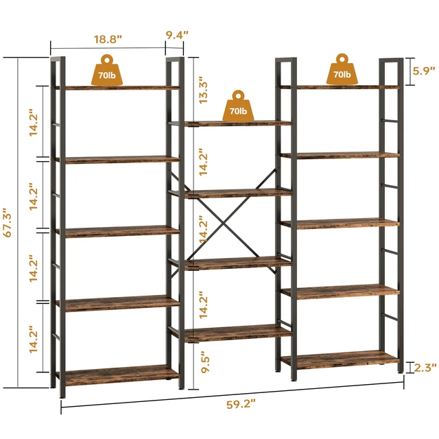 Alt view image 2 of 6 - Triple Column 5 Tier Bookshelf, Industrial Large Bookcase Display Shelves, Large Etagere Bookshelf, Wide Book Shelf Book Case for Home & Office, Rustic Brown