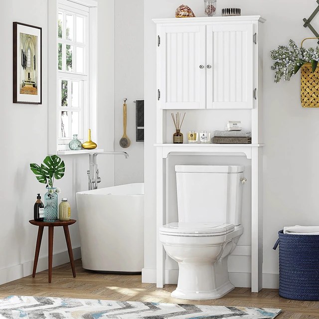 Alt view image 2 of 7 - Over The Toilet Storage Cabinet, White Bathroom Organizer with Doors | FSC-Certified MDF, Adjustable Shelves, Anti-Tip Bracket, 34'' Toilet Clearance, Hidden & Open Storage for Toiletries, Towels
