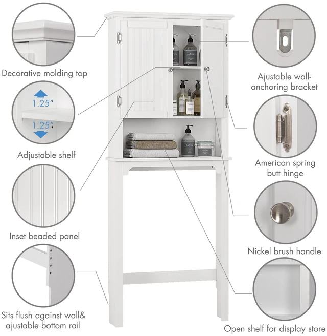 Alt view image 3 of 7 - Over The Toilet Storage Cabinet, White Bathroom Organizer with Doors | FSC-Certified MDF, Adjustable Shelves, Anti-Tip Bracket, 34'' Toilet Clearance, Hidden & Open Storage for Toiletries, Towels