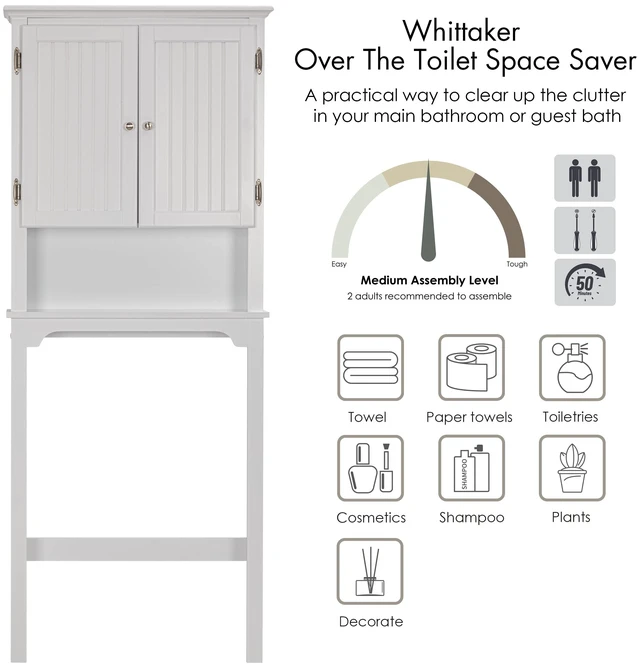 Alt view image 4 of 7 - Over The Toilet Storage Cabinet, White Bathroom Organizer with Doors | FSC-Certified MDF, Adjustable Shelves, Anti-Tip Bracket, 34'' Toilet Clearance, Hidden & Open Storage for Toiletries, Towels