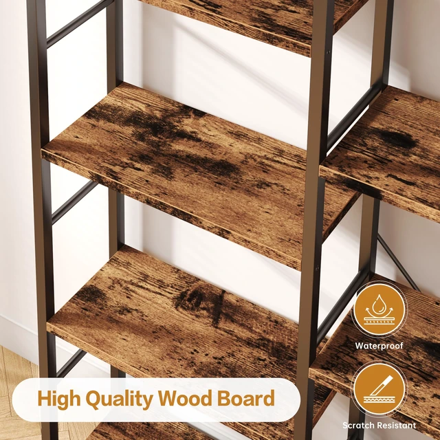Alt view image 3 of 6 - Triple Column 5 Tier Bookshelf, Industrial Large Bookcase Display Shelves, Large Etagere Bookshelf, Wide Book Shelf Book Case for Home & Office, Rustic Brown