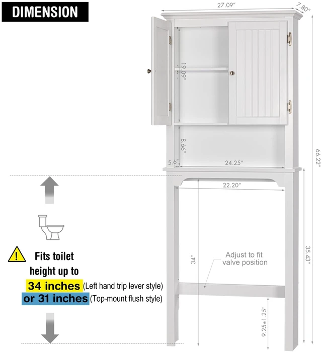 Alt view image 7 of 7 - Over The Toilet Storage Cabinet, White Bathroom Organizer with Doors | FSC-Certified MDF, Adjustable Shelves, Anti-Tip Bracket, 34'' Toilet Clearance, Hidden & Open Storage for Toiletries, Towels