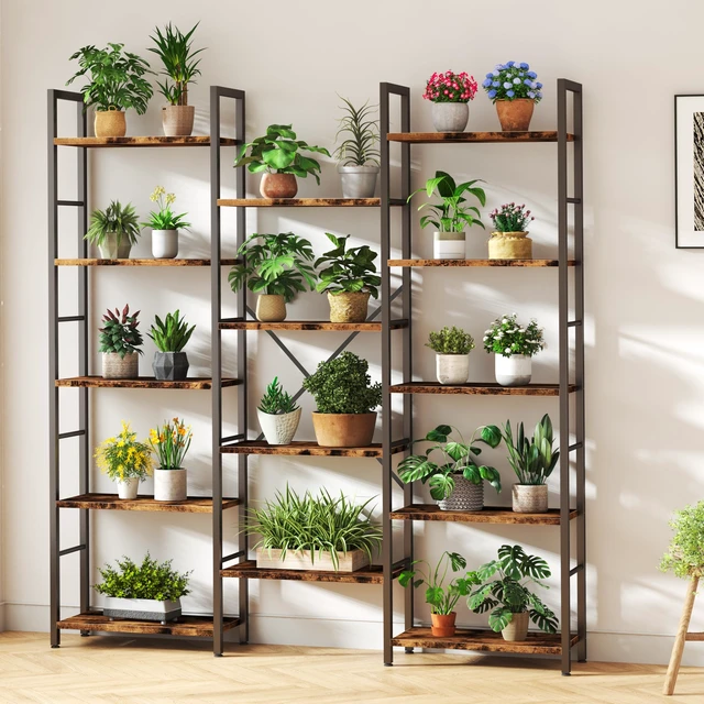Alt view image 5 of 6 - Triple Column 5 Tier Bookshelf, Industrial Large Bookcase Display Shelves, Large Etagere Bookshelf, Wide Book Shelf Book Case for Home & Office, Rustic Brown