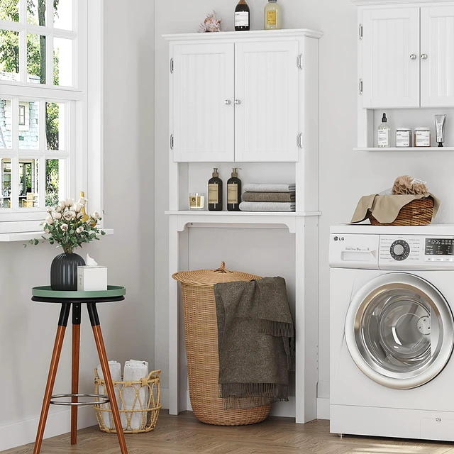 Alt view image 5 of 7 - Over The Toilet Storage Cabinet, White Bathroom Organizer with Doors | FSC-Certified MDF, Adjustable Shelves, Anti-Tip Bracket, 34'' Toilet Clearance, Hidden & Open Storage for Toiletries, Towels
