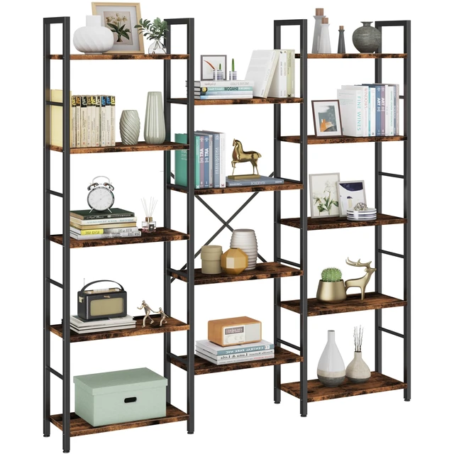Alt view image 6 of 6 - Triple Column 5 Tier Bookshelf, Industrial Large Bookcase Display Shelves, Large Etagere Bookshelf, Wide Book Shelf Book Case for Home & Office, Rustic Brown