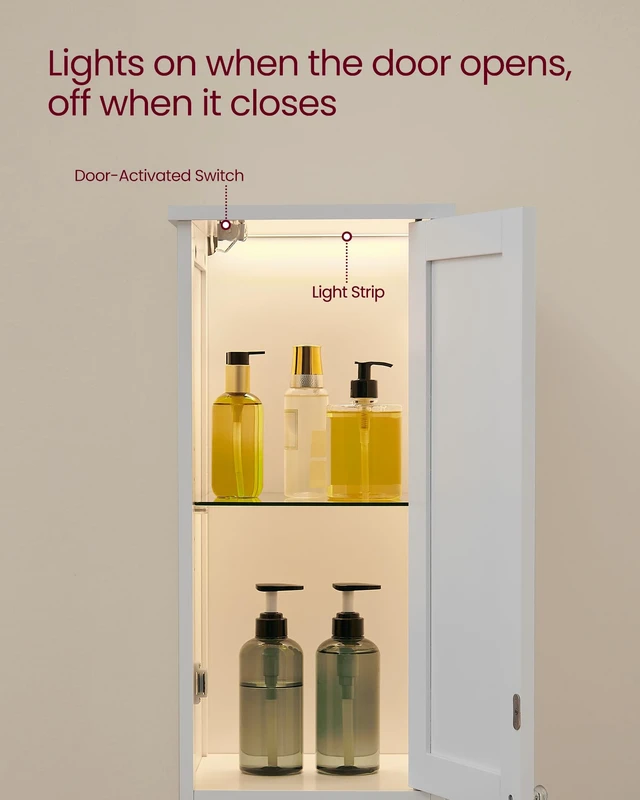 Alt view image 2 of 7 - Tall Storage Cabinet with Lights, Slim, 11.8" W, Cloud White | Freestanding, Adjustable Shelves, for Small Spaces, Bathroom, Living Room, Farmhouse, SOFIE Collection UBBC566W02