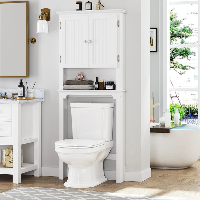 Alt view image 6 of 7 - Over The Toilet Storage Cabinet, White Bathroom Organizer with Doors | FSC-Certified MDF, Adjustable Shelves, Anti-Tip Bracket, 34'' Toilet Clearance, Hidden & Open Storage for Toiletries, Towels