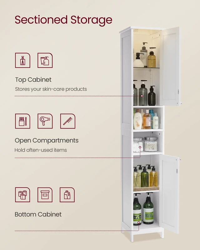 Alt view image 3 of 7 - Tall Storage Cabinet with Lights, Slim, 11.8" W, Cloud White | Freestanding, Adjustable Shelves, for Small Spaces, Bathroom, Living Room, Farmhouse, SOFIE Collection UBBC566W02