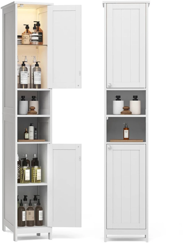 Main image of Tall Storage Cabinet with Lights, Slim, 11.8" W, Cloud White | Freestanding, Adjustable Shelves, for Small Spaces, Bathroom, Living Room, Farmhouse, SOFIE Collection UBBC566W02