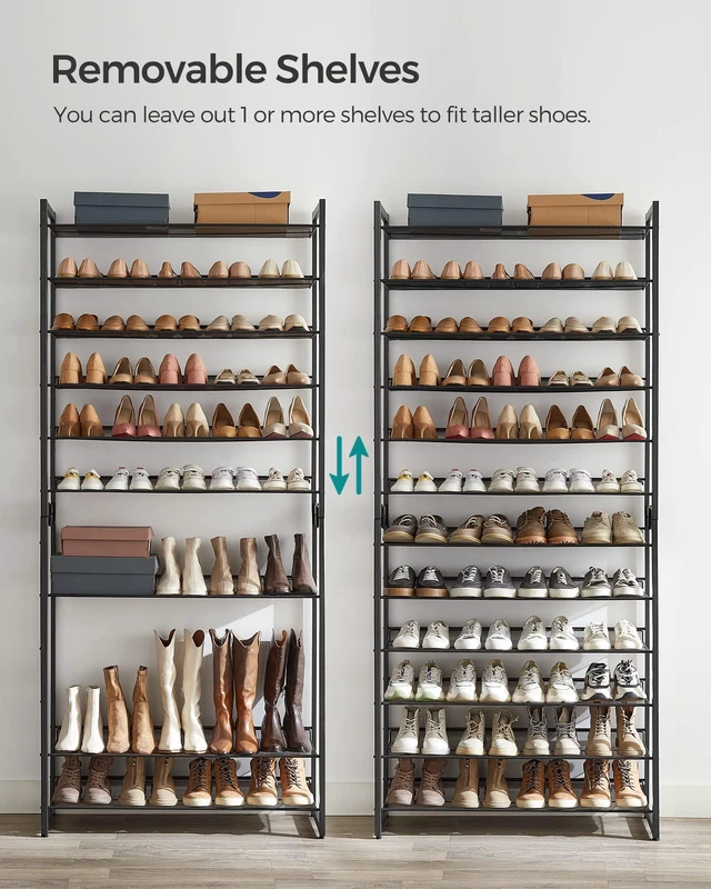 Alt view image 2 of 7 - Shoe Rack, 12-Tier Shoe Organizer, Metal Shoe Storage for Garage, Entryway, Set of 2 6-Tier Stackable Shoe Shelf, with Adjustable Flat or Angled Shelves, Holds 48-60 Pairs, Black ULMR12B