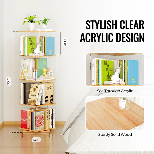 Alt view image 2 of 7 - Rotating Bookshelf, 360 Degree Revolving Bookcase, 4-Tier Spinning Bookshelf, Clear Acrylic & Solid Wood Rotating Bookcase for Kids Playroom, Bedroom and Living Room, Square
