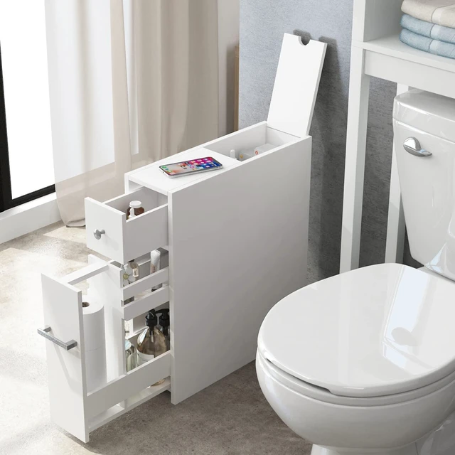 Alt view image 2 of 7 - Slim Bathroom Storage Cabinet with Toilet Paper Holder, White | Slide-Out Drawers, Hidden Top Compartment, Toilet Paper Storage for Small Bathrooms, Powder Rooms, and Narrow Spaces