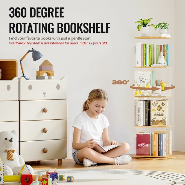Alt view image 3 of 7 - Rotating Bookshelf, 360 Degree Revolving Bookcase, 4-Tier Spinning Bookshelf, Clear Acrylic & Solid Wood Rotating Bookcase for Kids Playroom, Bedroom and Living Room, Square