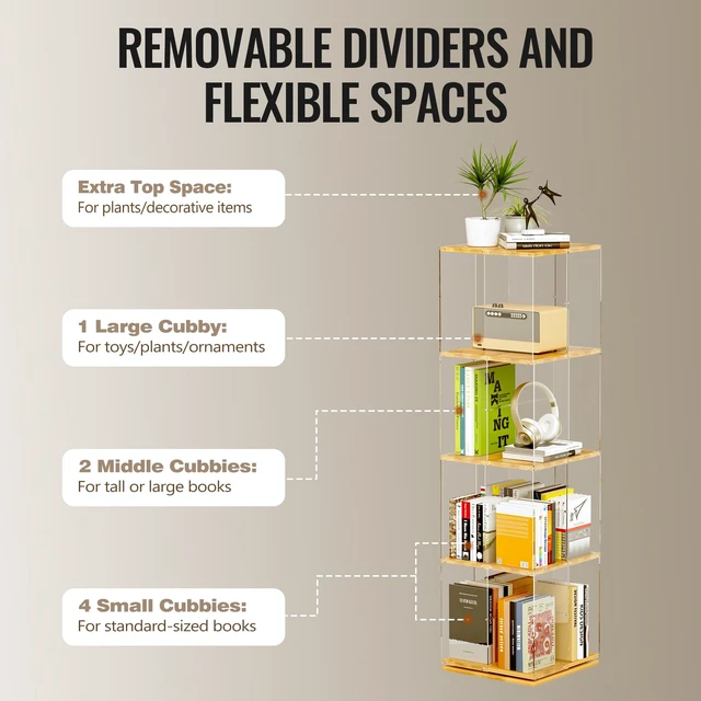 Alt view image 7 of 7 - Rotating Bookshelf, 360 Degree Revolving Bookcase, 4-Tier Spinning Bookshelf, Clear Acrylic & Solid Wood Rotating Bookcase for Kids Playroom, Bedroom and Living Room, Square