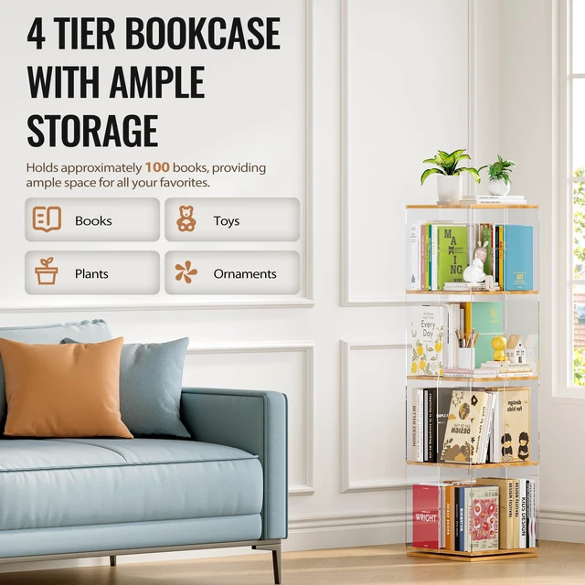 Alt view image 4 of 7 - Rotating Bookshelf, 360 Degree Revolving Bookcase, 4-Tier Spinning Bookshelf, Clear Acrylic & Solid Wood Rotating Bookcase for Kids Playroom, Bedroom and Living Room, Square