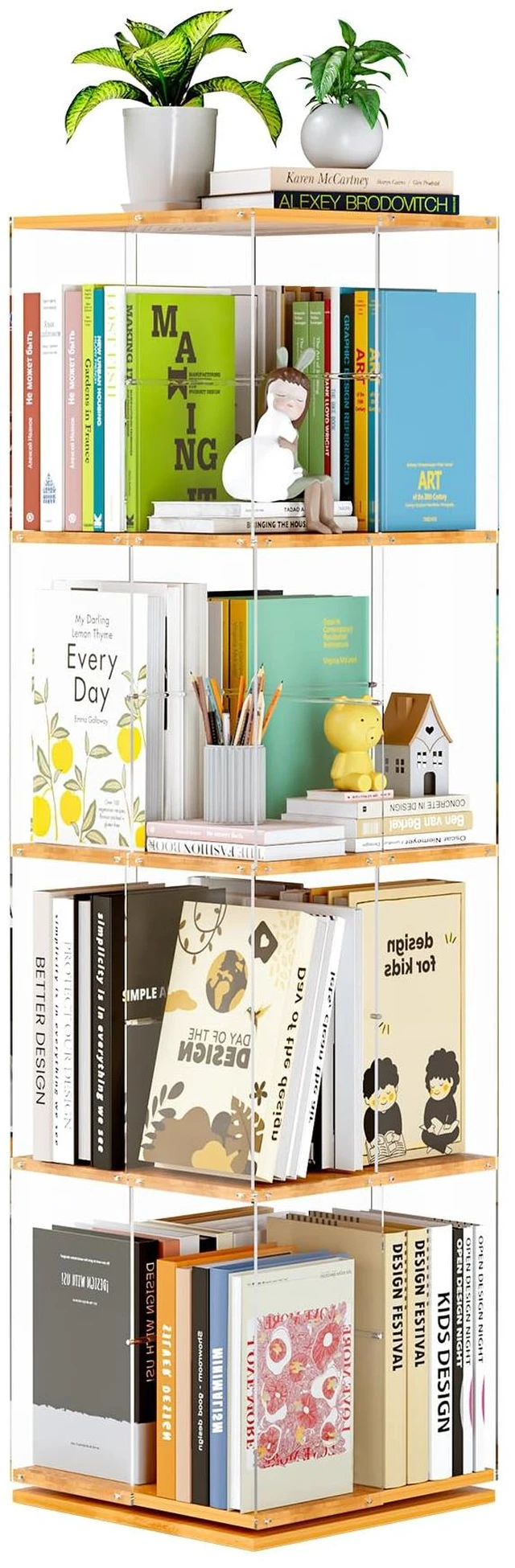Main image of Rotating Bookshelf, 360 Degree Revolving Bookcase, 4-Tier Spinning Bookshelf, Clear Acrylic & Solid Wood Rotating Bookcase for Kids Playroom, Bedroom and Living Room, Square