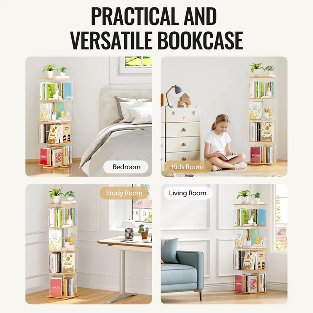 Alt view image 6 of 7 - Rotating Bookshelf, 360 Degree Revolving Bookcase, 4-Tier Spinning Bookshelf, Clear Acrylic & Solid Wood Rotating Bookcase for Kids Playroom, Bedroom and Living Room, Square