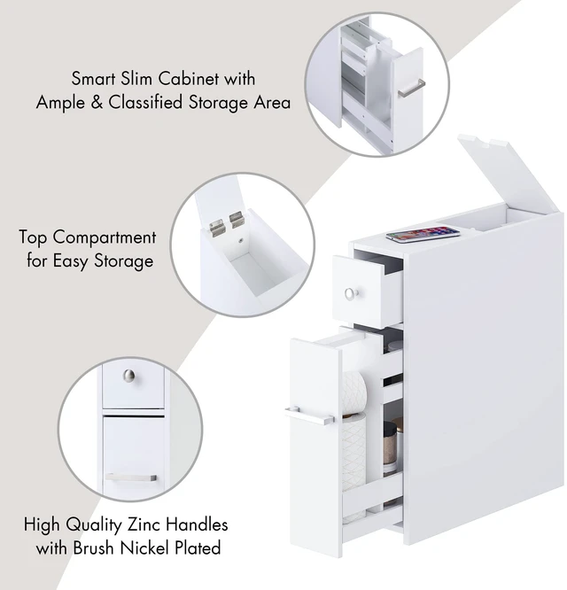 Alt view image 5 of 7 - Slim Bathroom Storage Cabinet with Toilet Paper Holder, White | Slide-Out Drawers, Hidden Top Compartment, Toilet Paper Storage for Small Bathrooms, Powder Rooms, and Narrow Spaces