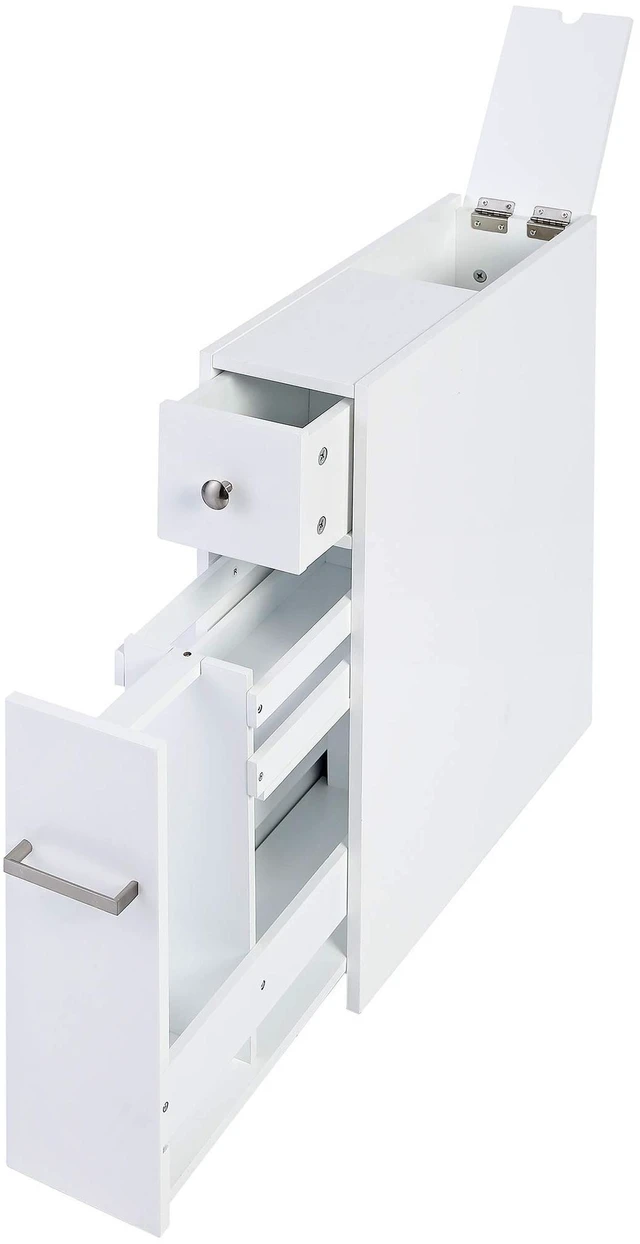 Main image of Slim Bathroom Storage Cabinet with Toilet Paper Holder, White | Slide-Out Drawers, Hidden Top Compartment, Toilet Paper Storage for Small Bathrooms, Powder Rooms, and Narrow Spaces