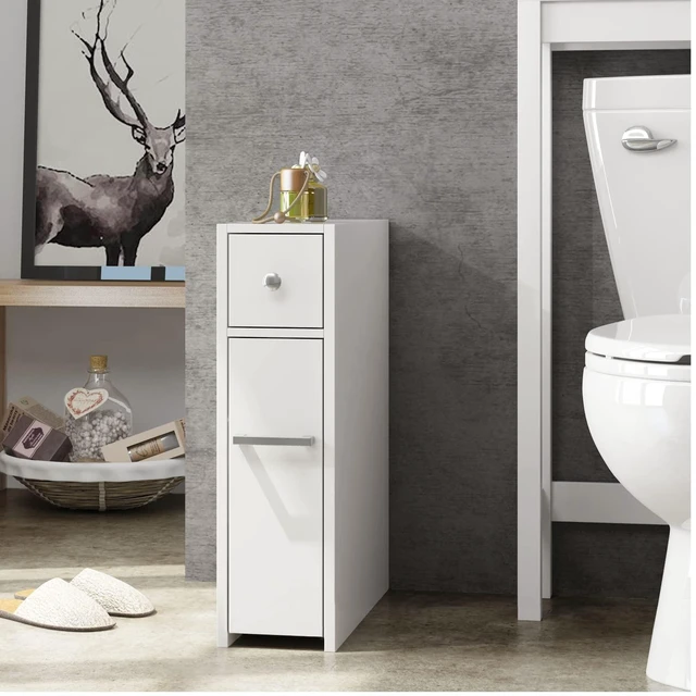 Alt view image 3 of 7 - Slim Bathroom Storage Cabinet with Toilet Paper Holder, White | Slide-Out Drawers, Hidden Top Compartment, Toilet Paper Storage for Small Bathrooms, Powder Rooms, and Narrow Spaces