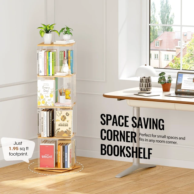 Alt view image 5 of 7 - Rotating Bookshelf, 360 Degree Revolving Bookcase, 4-Tier Spinning Bookshelf, Clear Acrylic & Solid Wood Rotating Bookcase for Kids Playroom, Bedroom and Living Room, Square