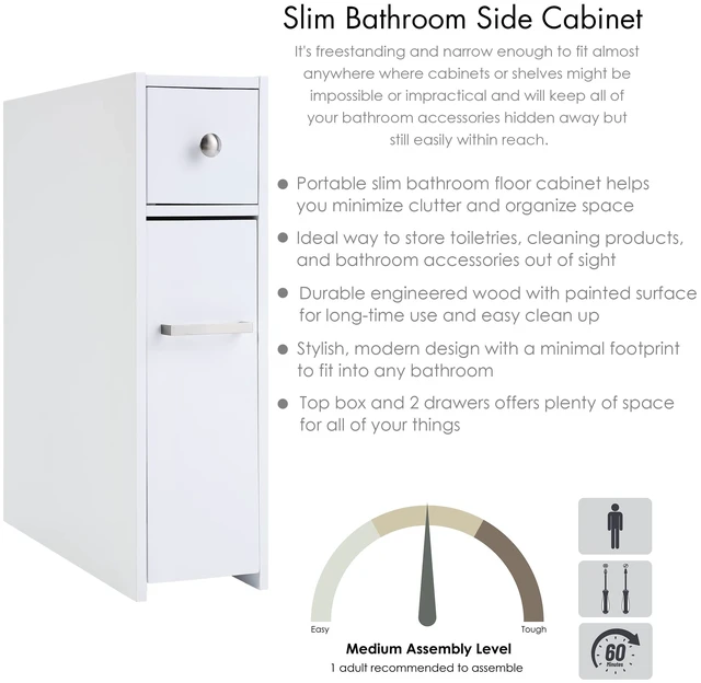 Alt view image 4 of 7 - Slim Bathroom Storage Cabinet with Toilet Paper Holder, White | Slide-Out Drawers, Hidden Top Compartment, Toilet Paper Storage for Small Bathrooms, Powder Rooms, and Narrow Spaces