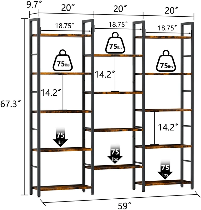 Alt view image 3 of 4 - Triple 5 Tier Bookshelf, Industrial Large Bookcase with 14 Open Display Shelves, Large Etagere Bookshelf,Wide Book Shelf Book Case for Home & Office, Brown