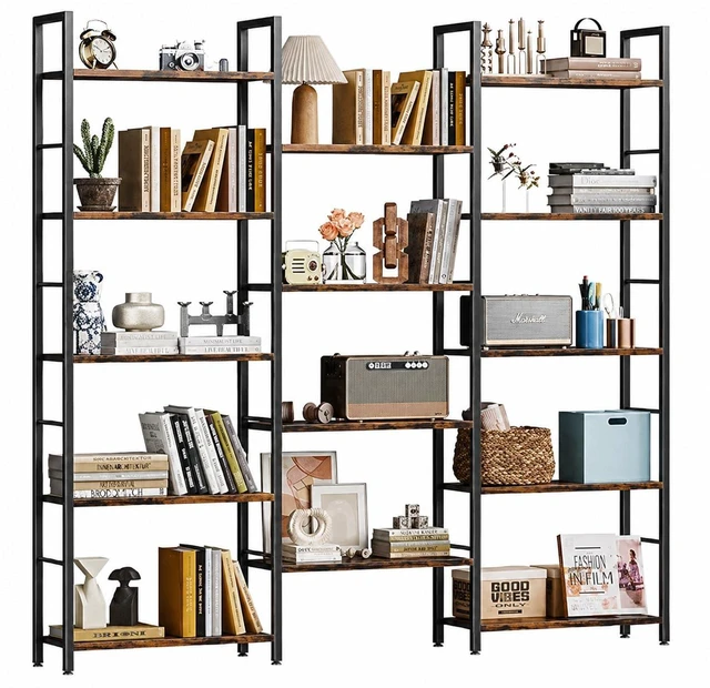 Main image of Triple 5 Tier Bookshelf, Industrial Large Bookcase with 14 Open Display Shelves, Large Etagere Bookshelf,Wide Book Shelf Book Case for Home & Office, Brown