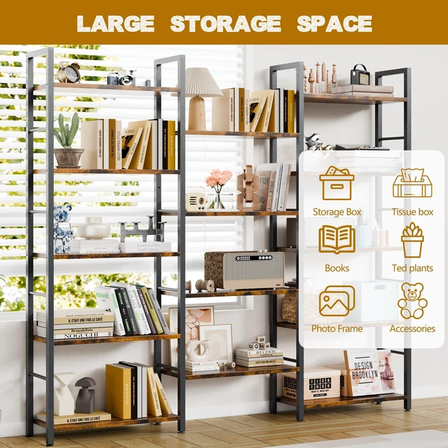 Alt view image 4 of 4 - Triple 5 Tier Bookshelf, Industrial Large Bookcase with 14 Open Display Shelves, Large Etagere Bookshelf,Wide Book Shelf Book Case for Home & Office, Brown
