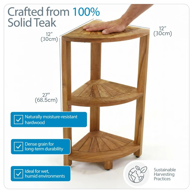 Alt view image 2 of 5 - Kai-Petite 12" Teak Corner Shelf Stand, 3 Tier Shower Stand | Space-Saving Design, Durable Water-Resistant Teak, Anti-Slip Feet
