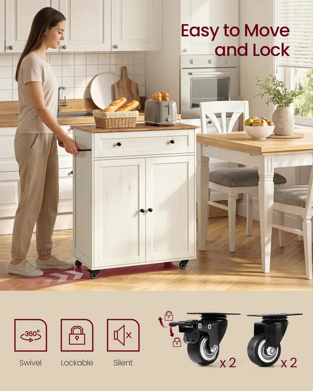 Alt view image 6 of 6 - Mobile Kitchen Wooden Island Cart with Storage for Dining Room | Portable Mobile Cart on Wheels , 15.8 x 30.9 x 35.1 Inches, Rustic White and Honey Brown, SIREN Collection UKKI009WJ01S