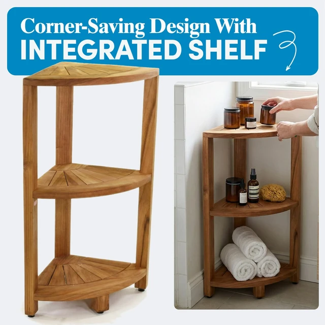 Alt view image 3 of 5 - Kai-Petite 12" Teak Corner Shelf Stand, 3 Tier Shower Stand | Space-Saving Design, Durable Water-Resistant Teak, Anti-Slip Feet