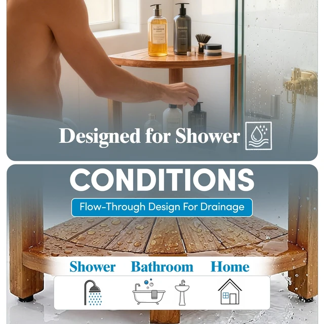 Alt view image 4 of 5 - Kai-Petite 12" Teak Corner Shelf Stand, 3 Tier Shower Stand | Space-Saving Design, Durable Water-Resistant Teak, Anti-Slip Feet