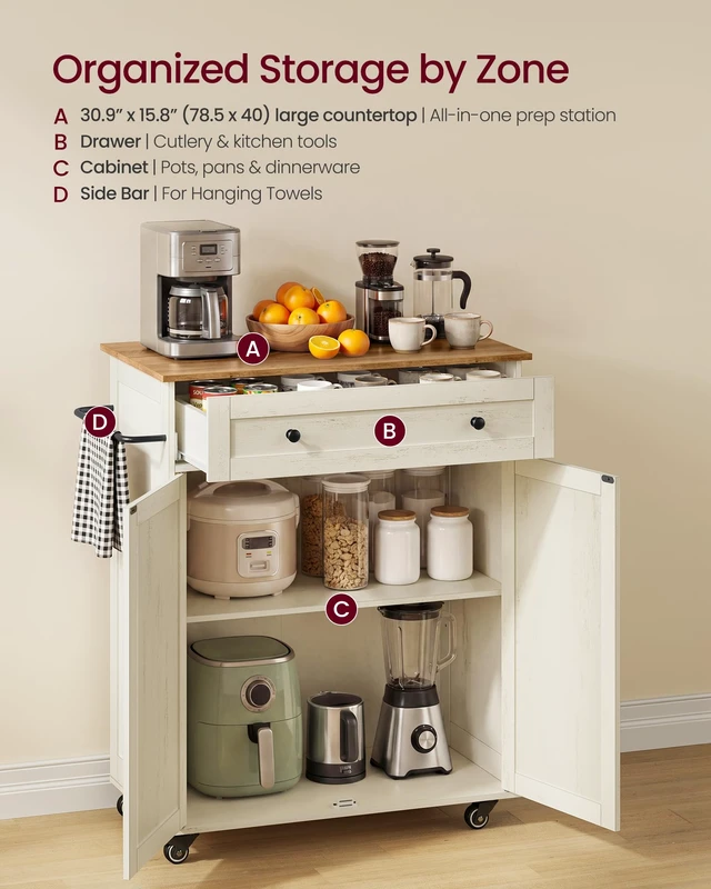 Alt view image 2 of 6 - Mobile Kitchen Wooden Island Cart with Storage for Dining Room | Portable Mobile Cart on Wheels , 15.8 x 30.9 x 35.1 Inches, Rustic White and Honey Brown, SIREN Collection UKKI009WJ01S