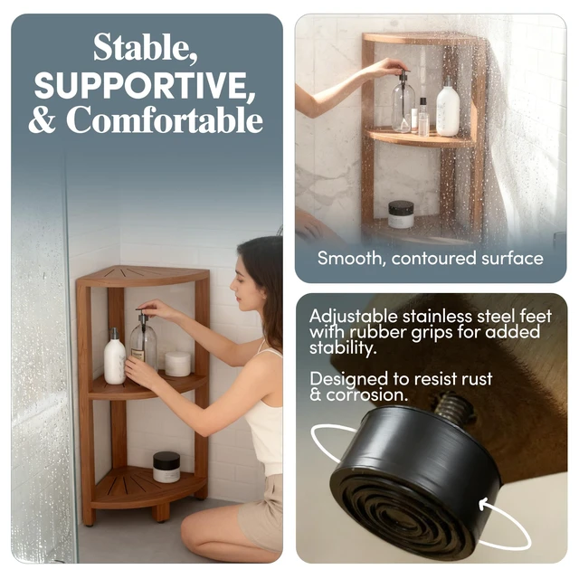 Alt view image 5 of 5 - Kai-Petite 12" Teak Corner Shelf Stand, 3 Tier Shower Stand | Space-Saving Design, Durable Water-Resistant Teak, Anti-Slip Feet
