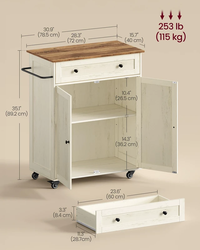 Alt view image 5 of 6 - Mobile Kitchen Wooden Island Cart with Storage for Dining Room | Portable Mobile Cart on Wheels , 15.8 x 30.9 x 35.1 Inches, Rustic White and Honey Brown, SIREN Collection UKKI009WJ01S